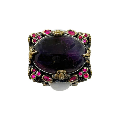 Handcrafted 925 Sterling Silver Amethyst Ring with Bronze Detailing - 55g