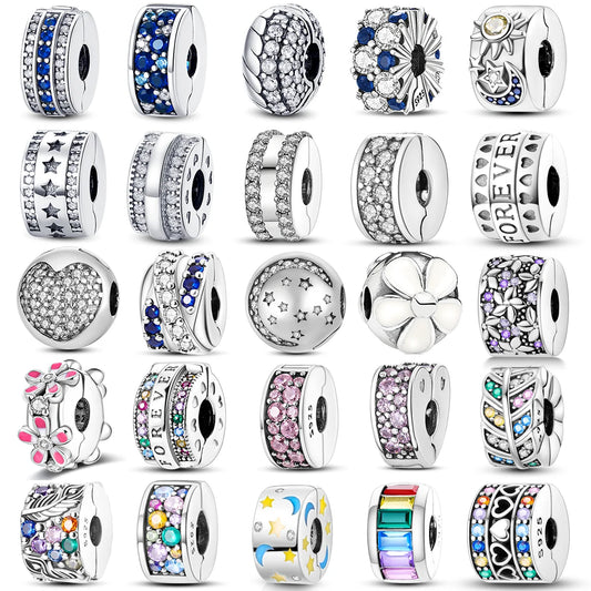 925 Sterling Silver CZ Pave Daisy Clip Beads Stopper Safety Chain - Compatible with Original Pandora Charm Bracelets
