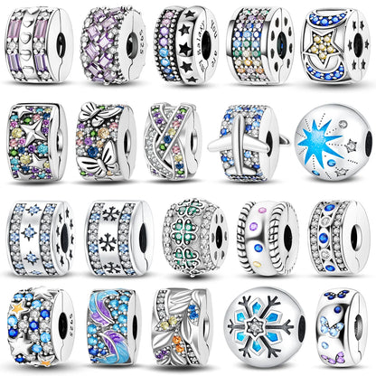 925 Sterling Silver CZ Pave Daisy Clip Beads Stopper Safety Chain - Compatible with Original Pandora Charm Bracelets