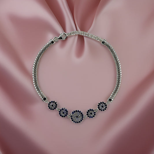 Silver 925 Nazar(Evil Eye) Charm Bracelet with Blue and White Zircon