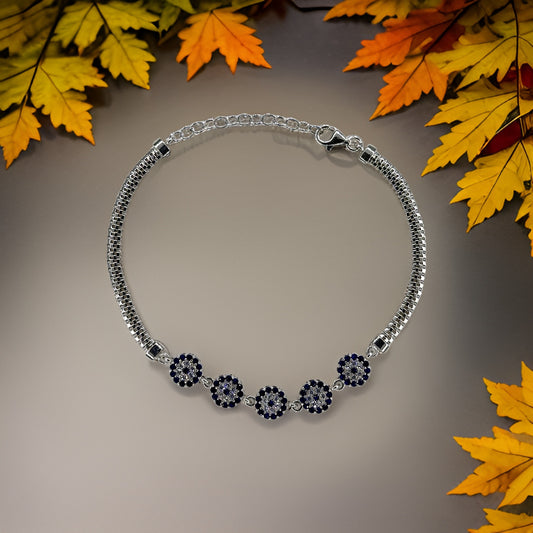 Silver 925 Nazar Charm Bracelet with Blue and White Zircon - 5 Evil Eye