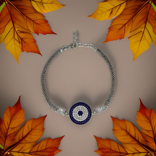 Silver 925 Nazar Charm Bracelet with Blue and White Zircon - 1 Evil Eye