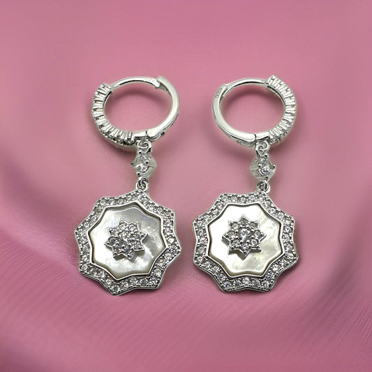 Unique Design Octagon Earrings in Sterling Silver and White Zirconia
