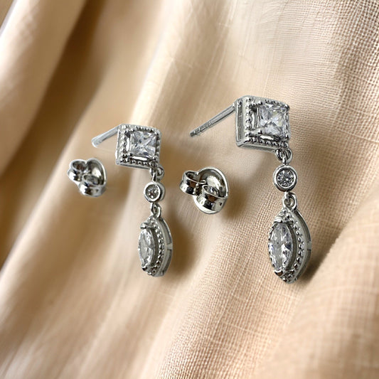 Unique Design Waterdrop Earrings in Sterling Silver and White Zirconia