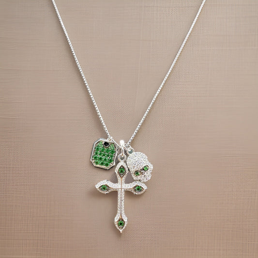 Sterling Silver 925 Cross, Skull Necklace with Green and White Zircon Stone