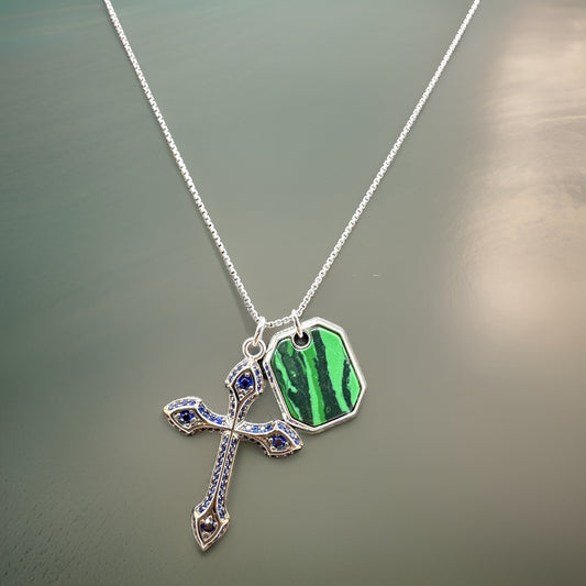 Sterling Silver 925 Cross Necklace with Blue Zircon Stone