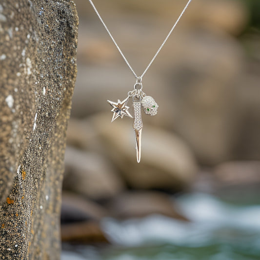 Pole Star, Blade & Skull Design Sterling Silver 925 Necklace